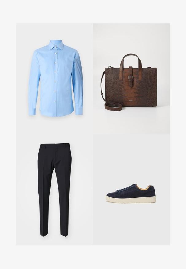 Tiger of Sweden ADLEY - Marškiniai - summer sky; Tamsiai mėlyni aptempti kelnių. Pagaminti iš lygaus, tekstūruoto audinio, su plokščiu priekiu, diržo kilpomis ir šoninėmis kišenėmis.; Jūros laivyno zomšiniai žemakulniai sportbačiai su apvaliu nosiu, šviesiai balta guma sole ir atitinkančiomis raištelėmis; turi kontrastingą tan spalvos vidinę pamušalą.; Rudos krokodilo rašto odos rankinė su viršutinėmis rankenomis ir nuimamu peties dirželiu. Yra sagties užsegimas ir stačiakampis pavidalas.