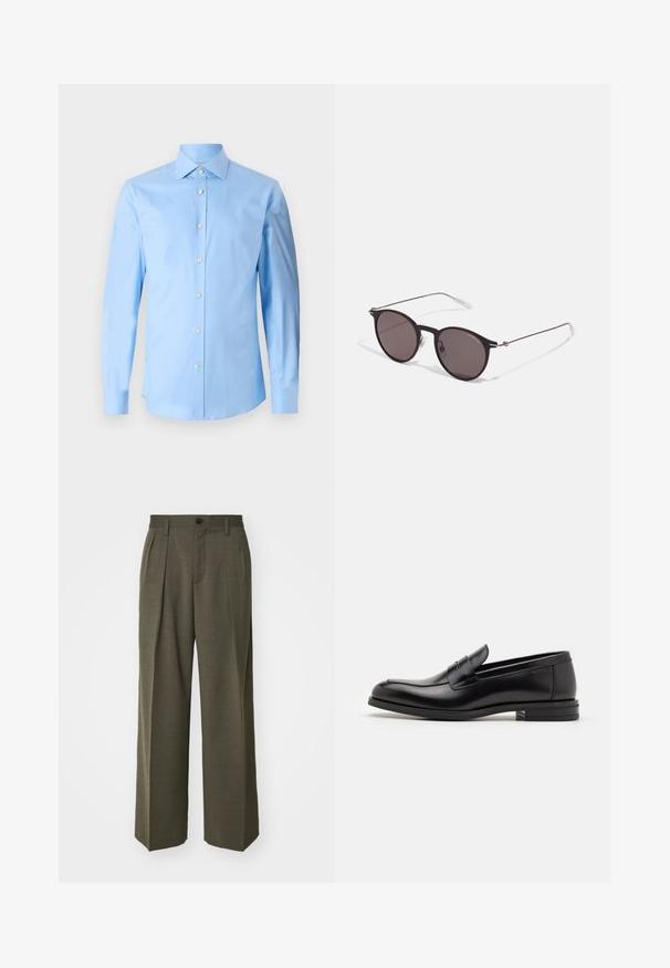 Tiger of Sweden ADLEY jasnoniebieski; Filippa K - Spodnie materiałowe; Czarne skórzane mokasyny o gładkiej fakturze, zaokrąglonym nosku i dekoracyjnym pasku na przodzie. Niski, warstwowy obcas, minimalistyczny design.; Czarne okrągłe okulary przeciwsłoneczne z ciemnymi soczewkami i smukłymi metalowymi ramkami. Zawierają przezroczyste końcówki zauszników oraz srebrne akcenty przy zawiasie. Minimalistyczny design.