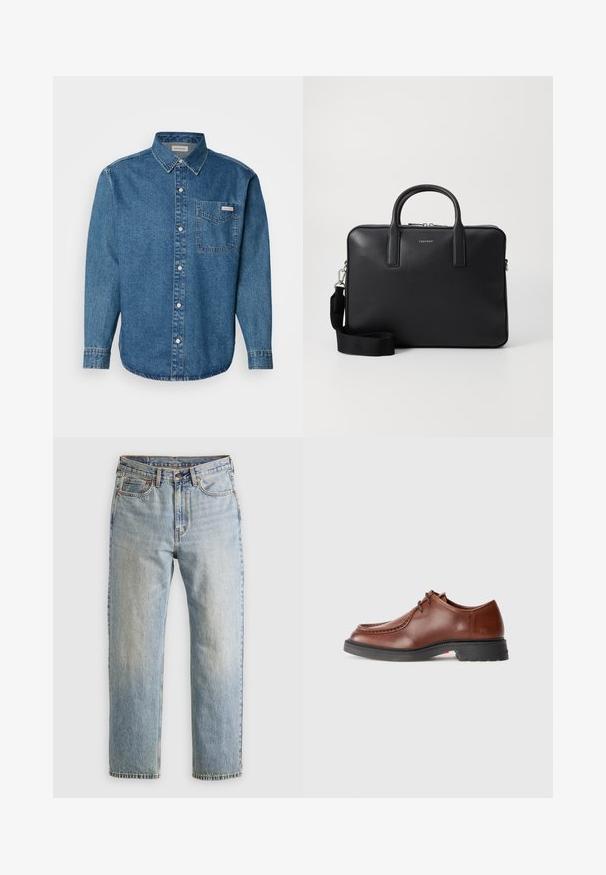 Blå denim langermet skjorte med knappestolpekrage, brystlomme og kontraststing. Stoffets tekstur er glatt med en avslappet stil.; Lys blå denim jeans med høy midje, frontknapp, glidelås og fem-lommers design, lagt flatt på en nøytral bakgrunn.; Brune lærdressko med rund tå, kontrasterende sting, snøredesign og en teksturert svart gummisåle.; Svart lær arbeidsveske med strukturert overflate, doble håndtak, avtakbar skulderrem, og frontlogo. Glidelås-lukking.