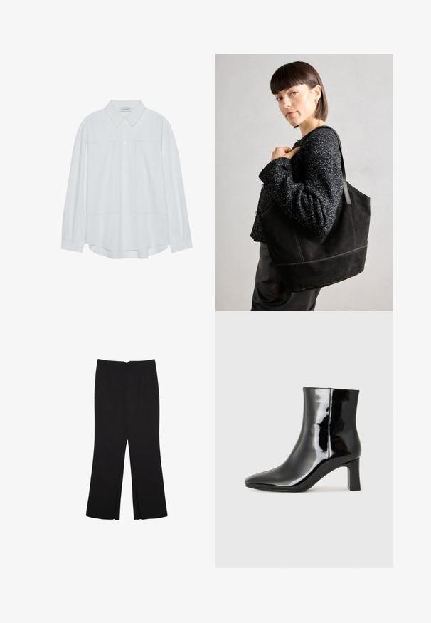 Camicia bianca a maniche lunghe con bottoni, realizzata in un tessuto morbido, dotata di un colletto classico, due tasche frontali e polsini arricciati.; Pantaloni neri a gamba dritta, con tasche frontali e spacchi laterali all'orlo. Realizzati in tessuto morbido e liscio. Adatti a diverse occasioni.; Stivaletto in pelle verniciata nera con punta a punta e tacco a blocco di altezza media. Texture liscia e design minimalista.; Borsa tote nera in suede con una texture liscia, forma strutturata e cuciture a contrasto. Presenta lunghe tracolle per il trasporto a spalla.