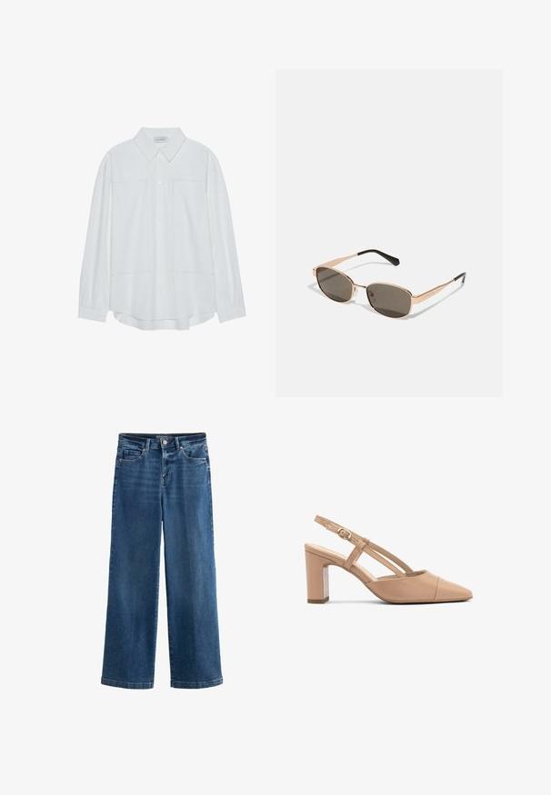 Weißes langärmliges Hemd mit Knopfleiste aus glattem Stoff, mit klassischem Kragen, zwei vorderen Taschen und geschliffenen Manschetten.; Blaue weit geschnittene Jeans aus Denim mit hoher Taille, fünf Taschen, subtilen Abnutzungserscheinungen, Knopfverschluss und kontrastierenden Nähten.; Beige Leder Slingback-Absätze mit einer spitzen Zehenform, Blockabsatz und einem Riemen mit einer kleinen goldenen Schnalle. Glatte Textur, minimalistisches Design.; Rechteckige Sonnenbrille mit goldfarbigem Metallrahmen und dunklen Gläsern. Akzentuiert durch schlanke schwarze Bügel, die ein minimalistisches Design zeigen.; Schwarze Lederhandtasche mit strukturiertem Design, ausgestattet mit einem goldenen, runden Logo, einem oberen Griff und einem abnehmbaren Schultergurt.