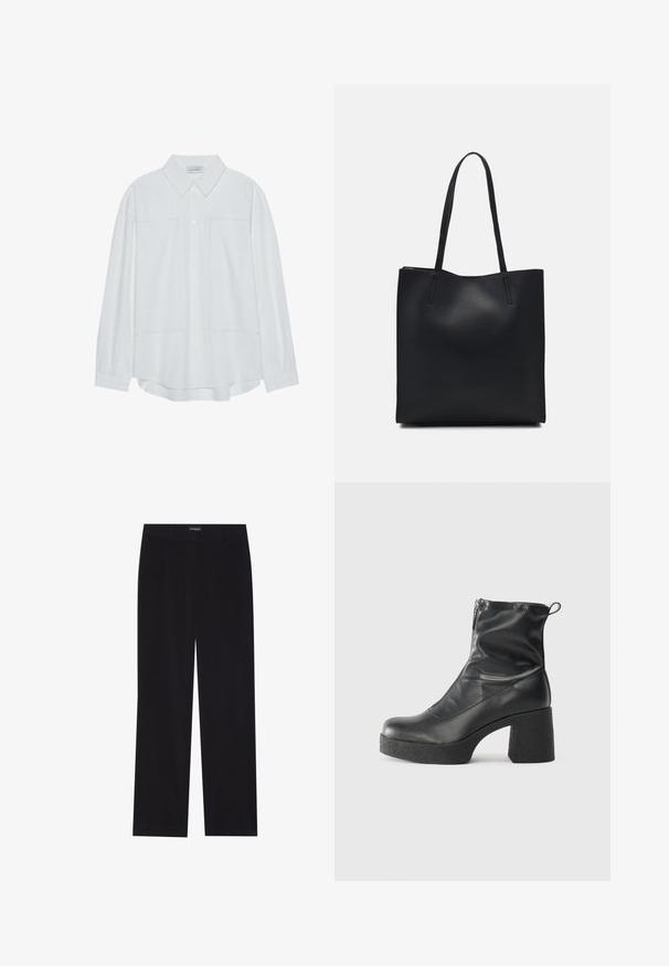 Bela srajca z dolgimi rokavi s copatki, izdelana iz gladkega materiala, z tradicionalnim ovratnikom, dvema sprednjima žepoma in zbrano manšeto.; Črne kordurojske hlače ravnega kroja z ravnim pasom in brez vidnih žepov, gladke teksture ter z vertikalnimi rebrastimi detajli.; Črne gležnjarje iz gladke kože z božnim zadrgo, masivnim teksturiranim peto in zaobljeno obliko prstov.; Črna usnjena torba s svilnato teksturo, pravokotne oblike in dvema dolgima ročajema. Brez vidnih metalnih delov ali okrasnih elementov.