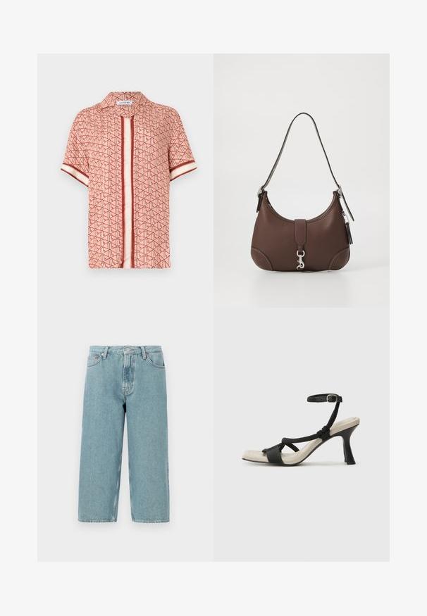 Cămașă cu mânecă scurtă în corai, cu un model geometric maro, având un închidere cu nasturi, guler și accente contrastante în dungi pe mâneci.; Shorts din denim de un albastru deschis, cu talie înaltă, croială dreaptă și margine brută. Include o închidere clasică cu buton și fermoar, și patru buzunare.; Sandal cu toc negru, cu design de curea împletită, vârf pătrat și curea de gleznă ajustabilă. Tălpică de un bej deschis și toc negru lucios.; Geantă din piele maro cu o formă rotunjită, accesorii din metal argintiu și cusături decorative. Are o curea de umăr și închidere cu clapetă.