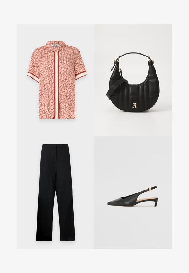 Short-sleeve shirt in coral with a geometric brown pattern, featuring a button front, collar, and contrasting striped accents on sleeves.; Black wide-leg trousers made from a lightweight fabric. Features a smooth texture, high waist, and minimal stitching details.; Black leather slingback heel with a pointed toe, low heel, and an adjustable ankle strap featuring a gold-tone buckle. Smooth texture.; Black leather handbag with a curved shape, quilted texture, and gold hardware. Features a detachable shoulder strap and logo detail.