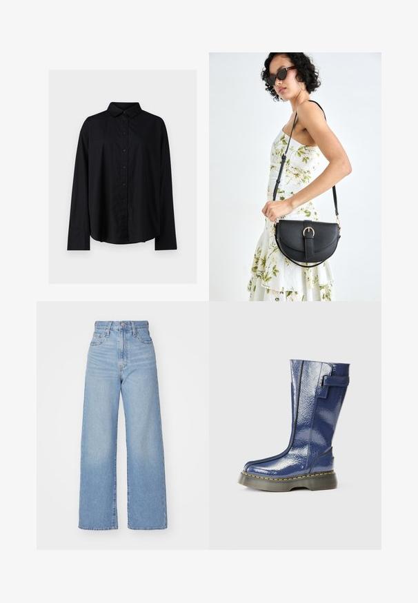 Black long-sleeve shirt with a button-down front, classic collar, and soft cotton material. Features a relaxed fit and standard cuffs.; Light blue high-waist wide-leg jeans with front button and zip closure, front and back pockets, on a white background.; Blue, glossy knee-high boot with a rounded toe, side zip, and vertical seam details. Features a thick, black platform sole with yellow stitching.; Black leather handbag with a curved shape, detachable strap, and gold hardware. The bag features a flap with a buckle detail.