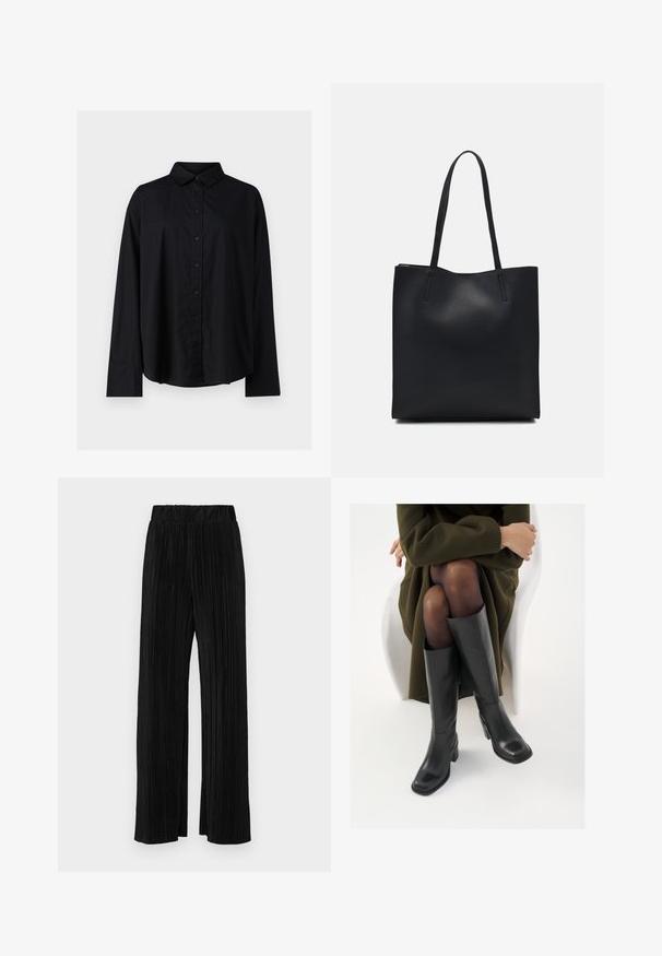 Fekete, hosszú ujjú ing, gombos elülső résszel, klasszikus gallérral és puha pamut anyagból készült. Relaxált fazonú, standard mandzsettákkal rendelkezik.; Fekete pliszírozott nadrág gumis derekkal. Széles lábakkal rendelkezik, sima, texturált anyagból készült, függőleges csíkokkal.; Térdfelett érő fekete bőr csizmák négyzet alakú orral és tömbtalppal, olajzöld kabátban ülő modellel bemutatva. Simaság, minimalista részletezés.; Fekete bőrtáska sima felszínnel, téglalap alakú, két hosszú füllel. Nincs látható fémkiegészítő vagy díszítés.
