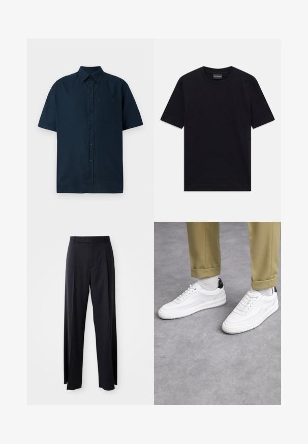 Camisa de manga corta, con botones, en azul marino oscuro, hecha de algodón texturizado, con un único bolsillo en el pecho y cinco botones en el frente.; Camiseta negra de manga corta y cuello redondo con un sutil patrón en relieve y etiqueta de la marca en el interior del cuello, colocada plano sobre fondo blanco.; Pantalones negros de tiro alto con corte de pierna ancha, confeccionados en una tela suave. Presenta pliegues en la parte delantera y trabillas para cinturón. Diseño minimalista, sin hardware visible.; Zapatillas blancas con un acabado de cuero texturizado, punta redondeada y acento negro en el talón. Suela de goma con un pequeño patrón de relieve y detalle de costura.