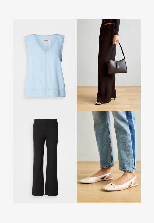 Gaiši zils bez piedurknēm tops ar V veida kakla izgriezumu, ar dekoratīvām stiklām gar centru un nedaudz izliekta apakšmala.; Melni kokvilnas auduma bikses ar taisnu kāju dizainu, priekšējo pogu aizdari un divām sānu kabatām. Gluda tekstūra, bez redzamām rakstu zīmēm.; Bālti rozā siksniņu dzīvokļi ar smailu purngalu, izgatavoti no gludas ādas līdzīgās materiāla. Iezīmē izgriezumu detaļas sānos un platu papēdi.; Melnā somiņa ar strukturētu formu, gludu tekstūru un metālu sprādzi. Saskaņota ar platām melnām biksēm un sandālēm ar atvērtu purngalu uz koka grīdas.