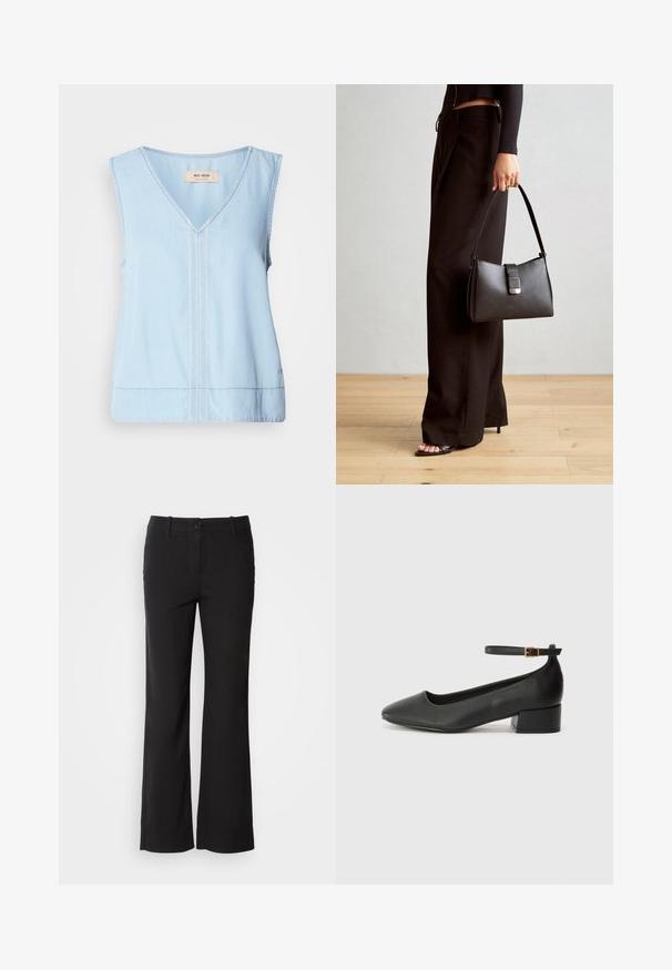 Világoskék, ujjatlan felső V-nyakkal, díszítő varrással a középen és enyhén ívelt alsó résszel.; Fekete pamut keverék nadrág egyenes szárú dizájnnal, elülső gombos záródással és két oldalsó zsebbel. Simára kialakított textúra, nincs látható minta.; Fekete bőr magassarkú cipő hegyes orral és alacsony tömb sarkal. Bokapánttal rendelkezik, aranyszínű csattal. Simább textúra.; Fekete kézi táska strukturált formával, sima textúrával és fémből készült záródással. Széles fekete nadrággal és nyitott orrú szandállal párosítva, fából készült padlón.