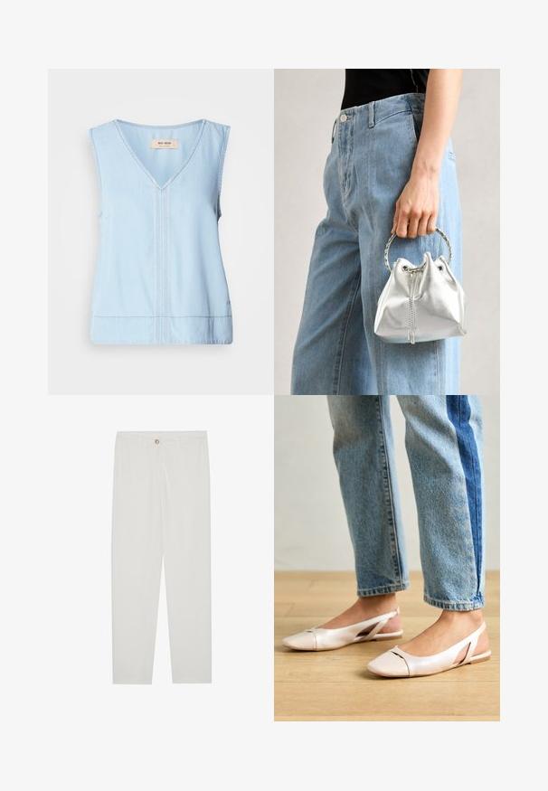 Top sin mangas de color azul claro con escote en V, que presenta costuras decorativas en el centro y un dobladillo ligeramente curvado.; Pantalones blancos, ajustados, con un diseño de pierna recta, que cuentan con un cierre de botón, lazos para cinturón y bolsillos laterales; textura de tela suave.; Bailarinas de color rosa pálido con tiras traseras y punta puntiaguda, fabricadas con un material similar al cuero suave. Presentan detalles recortados en los laterales y un tacón plano.; Bolso tipo bucket metálico en plata con un acabado texturizado, adornado con un asa redonda plateada y cierre de cordón, sostenido contra unos jeans azul claro.; Anillo de plata de doble banda con una superficie lisa y pulida. Presenta un diseño fluido y curvado con secciones superpuestas para un aspecto moderno.