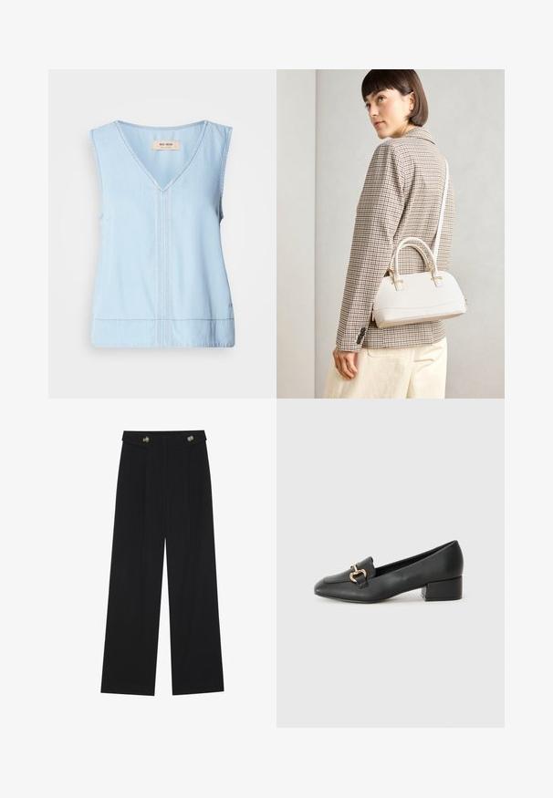 Világoskék, ujjatlan felső V-nyakkal, díszítő varrással a középen és enyhén ívelt alsó résszel.; Fekete, bő szárú nadrág magas derékkal, gombos részletekkel a derékrészen és elülső pliszékkal.; Fekete bőr loaferek lapos talppal, dekoratív arany hardware részlettel az elején és sima felülettel.; Fehér, strukturált kézitáska rövid füllel és vállpánttal, arany színű fém kiegészítőkkel és texturált anyagból, szürke háttér előtt bemutatva.