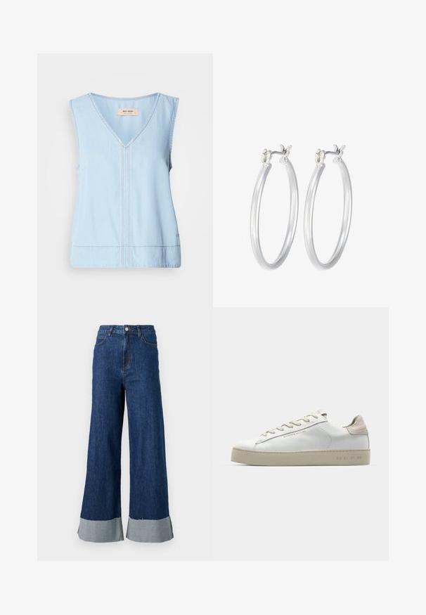 Svetlomodrý top bez rukávov s výstrihom do V, s dekoratívnym šitím pozdĺž stredu a s mierne zakriveným lemom.; Džíny s širokými nohavicami a tmavomodrým umývaním, s kontrastným svetlomodrým manžetom a klasickým dizajnom s piatimi vreckami.; Biele kožené tenisky s hladkým povrchom, béžové sametové akcenty, okrúly špička, plochý dizajn na šnurovanie a štruktúrovaná gumová podrážka.; Strieborné kruhové náušnice s hladkým, lesklým povrchom. Kolový tvar a bezpečné klikanie na uzatváranie. Ľahký dizajn vhodný na každodenné nosenie.