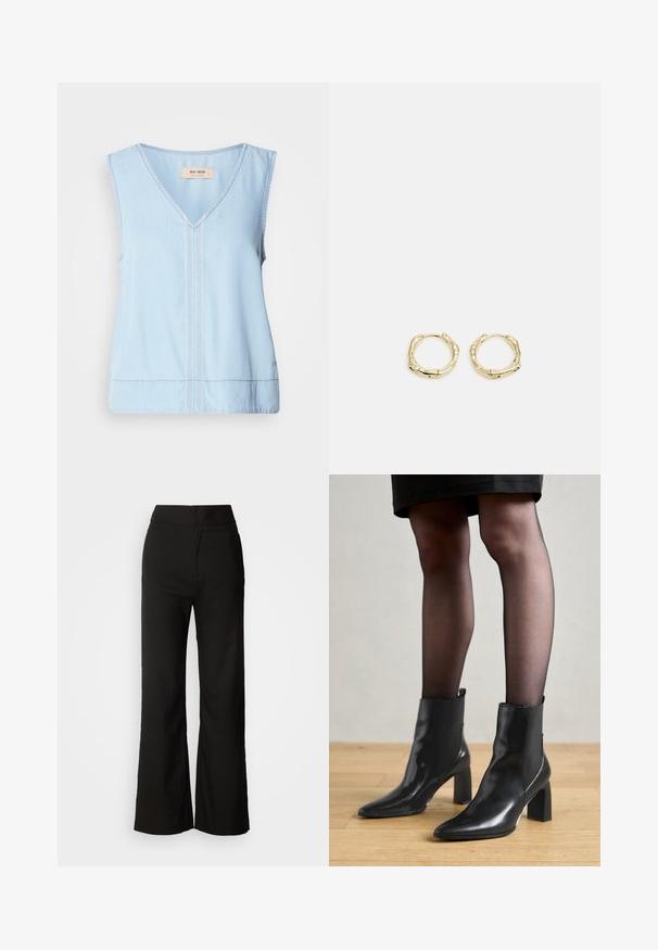 Top senza maniche blu chiaro con scollatura a V, caratterizzato da cuciture decorative lungo il centro e un orlo leggermente curvo.; Pantaloni neri a gamba larga con texture liscia, vita alta e design semplice. Nessuna tasca visibile o decorazioni.; Stivaletti neri in pelle con punta affusolata, tacco quadrato imponente e design elegante. Dotati di pannelli laterali elasticizzati per una facile vestibilità.; Orecchini a cerchio in oro con una forma irregolare e texture. Presentano una chiusura senza giunture e una finitura superficiale lucida, che enfatizza un design moderno.