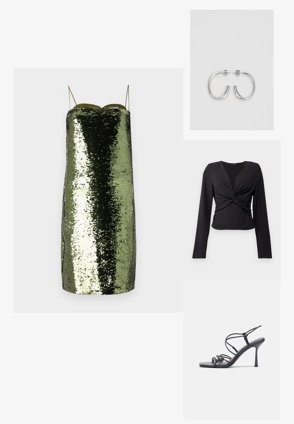 Čierny dlhý rukáv top s prekladaným dizajnom, so skrúteným predným dielom a hladkou textúrou. Vyrobený z elastickej látky pre priliehavý vzhľad.; Zelené trblietkové šaty so straight strihom, tenkými nastaviteľnými ramienkami, s reflexnou textúrou a štíhlou siluetou.; Čierne sandále na vysokom podpätku majú tenké remienky s uzlovým dizajnom, hladký štvorcový špičku a elegantný stiletto podpätok.; Svetlošedá metalická kabelka s reťazovým popruhom, ozdobená malými kruhovými kovovými štítkami a trojuholníkovým logom značky.; Strieborné kruhové náušnice s hladkým, lesklým povrchom, majú zakrivený tvar a zapínanie na puzetu. Minimalistický dizajn s moderným vzhľadom.