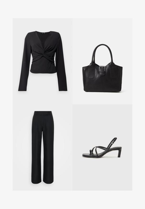 Melna garām piedurknēm augšdaļa ar apvelkošu dizainu, kas ietver savērptu fronti un gludu tekstūru. Izgatavota no elastīga auduma, lai radītu pieguļošu izskatu.; Melni platā kāju bikses, kas izgatavotas no gludas auduma, ar augstu jostasvietu un vieglām frontālām krokām; nav redzamu rakstu vai furnitūras.; Melnas strappy sandales ar kvadrātveida purngaliem un zemu bloku papēdi. Ievērojamas ar vairākiem plāniem siksniņām un regulējamu potītes siksniņu. Izgatavotas no gludas ādas.; Melnas ādas somiņa ar gludu tekstūru, strukturētu formu, divām rokturām un izteiktu sudraba sprādzi priekšpusē.; Sudraba divu joslu gredzens ar gludu, pulētu virsmu. Iezīmējas ar plūstošu, izliekta dizaina struktūru ar pārklājošām sekcijām modernam izskatam.