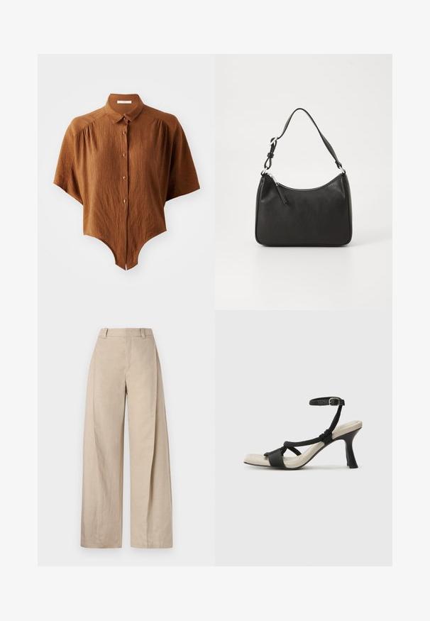 Brown short-sleeve button-up shirt with a textured fabric, curved hem, and a classic collar. Features four buttons with dark accents.; Beige linen wide-leg trousers with a high waist, featuring a smooth texture and clean lines, designed for a relaxed fit.; Black heeled sandal with braided strap design, square toe, and adjustable ankle strap. Light beige footbed with a glossy black heel.; Black leather handbag with a curved shape, a single strap, zip closure, and subtle branding on the front. Smooth texture, minimalist design.