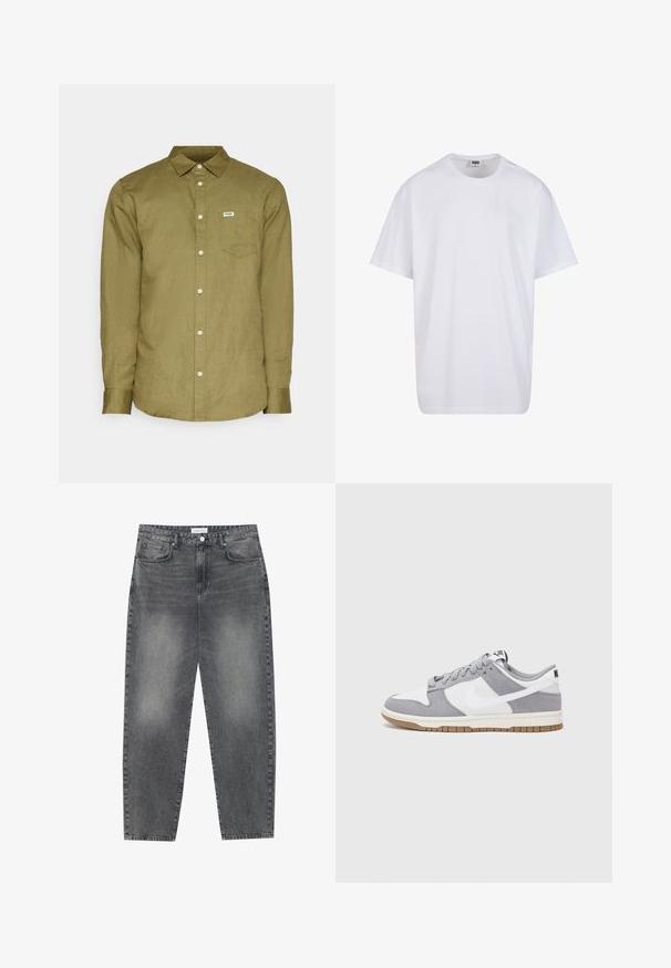 Wrangler Camicia - capulet olive; Maglietta bianca in cotone con maniche corte, scollatura rotonda, vestibilità comoda e senza loghi o motivi visibili. Texture liscia e design minimale.; Jeans a vita alta, dal taglio ampio in denim nero sbiadito. Presentano cinque tasche, passanti per cintura e un design dritto e pulito.; Sneaker grigia e bianca con tomaia in suede e pelle, punta arrotondata, lacci piatti e soletta in gomma con un accento color caramello.