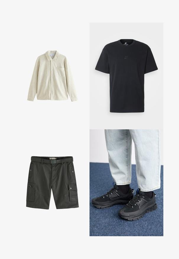 Prúhovaná košeľa na gombíky v krémovej a béžovej farbe, s golierom, dlhými rukávmi, náprsné vrecko a textúrovanou látkou s vertikálnymi pruhmi.; Čierne bavlnené tričko Nike s klasickým okrúhlym výstrihom, krátkymi rukávmi a jemne embosovaným logom na hrudi. Hladká textúra.; Tmavošedé cargo šortky s textúrovanou tkaninou, viacerými vreckami, zipsovým vreckom a opaskom s obdĺžnikovou sponou. Obdĺžnikový dizajn.; Čierne športové topánky s textúrovanou tkaninou a gumovou podrážkou, so elastickými šnúrkami a modrým akcentom na päte. Nosia sa s svetlými riflami.