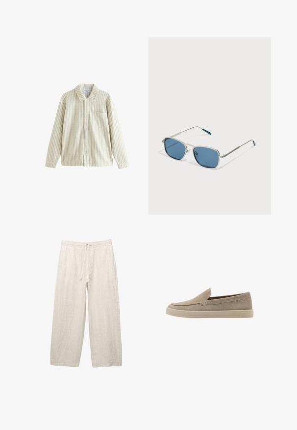 Gestreifte Button-Down-Bluse in Creme und Beige, mit Kragen, langen Ärmeln, einer Brusttasche und strukturierter Stoffoberfläche mit vertikalen Linien.; Leinenhosen in hellbeige, mit einem elastischen Bund und Zugkordel, weitem Beinansatz und seitlichen Taschen. Glatte Textur.; Beige Wildleder-Slipper mit abgerundeter Spitze, niedrigem Profil und strukturiertem Finish. Mit dezenten Steppnähten entlang des Obermaterials.; Sonnenbrille mit einem silbernen Metallrahmen, rechteckigen blauen Gläsern und dünnen Bügeln. Verfügt über blaue Akzente an den Bügelspitzen.