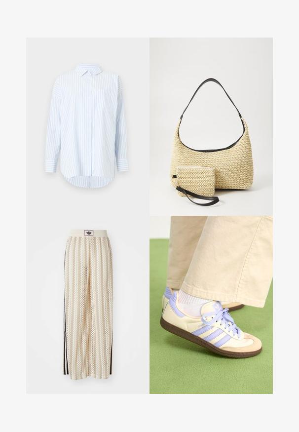 Light blue and white striped long-sleeve shirt, button-up design, featuring a collar and a chest pocket, with a curved hemline.; Cream-colored wide-leg pants with a zigzag pattern, featuring a black logo waistband and side black stripes. Lightweight, textured fabric.; Cream and lavender sneakers with three stripes and a textured brown sole, featuring laces and a padded heel. Soft fabric upper.; Woven straw handbag with a curved silhouette, featuring a smooth black leather strap and a matching small pouch attached by a wrist strap.