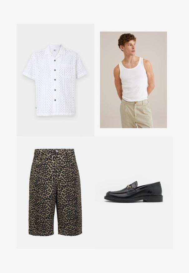 Fehér, rövid ujjú ing, amely kivágott virágmintákkal, gombos elülső résszel, mellzsebbel és barna gombokkal rendelkezik. Könnyű anyagból készült.; Fehér pamut trikó, kerek nyakkivágással és széles pántokkal, világos bézs nadrággal, amelynek gombja és redőzete van.; Tarka leopárdmintás farmer rövidnadrág földszínekben, gombzárral, öt zsebbel és kényelmes szabással.; Fekete bőr loaferek, lekerekített orral, aranyszínű fémrész és varrási részletek díszítik, alacsony, strukturált gumitalpon.