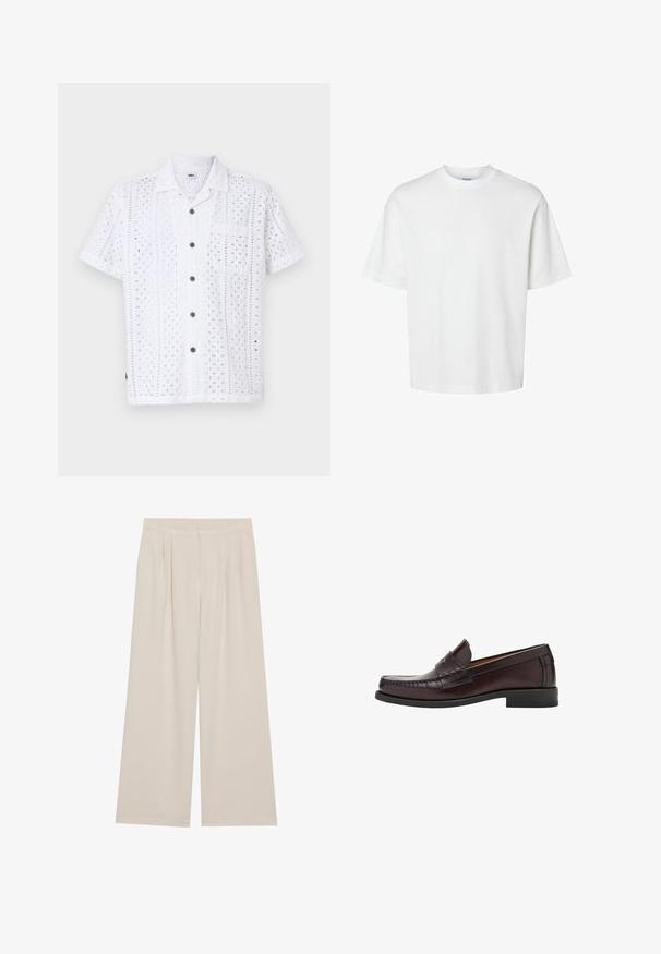 Valkoinen lyhythihainen paita, jossa on leikattuja kukkakuoseja, nappikiinnitys edessä, rintatasku ja ruskeat napit. Valmistettu kevyestä kankaasta.; Valkoinen puuvillapaita lyhyillä hihoilla, pyöreällä kaula-aukolta ja rentoa istuvuutta. Sujuva pinta ilman näkyviä kuvioita tai korostuksia.; beige levelevi treggingsit, me pjesë të sheshta përpara, harkime dhe brez elastiç. E bërë nga një pëlhurë të lehtë me një teksturë të lëmuar.; Ruske nahkasaapad ümarate varvastega, esiküljel dekoratiivne tikand ja lapik kummitald toetuse ja vastupidavuse tagamiseks.