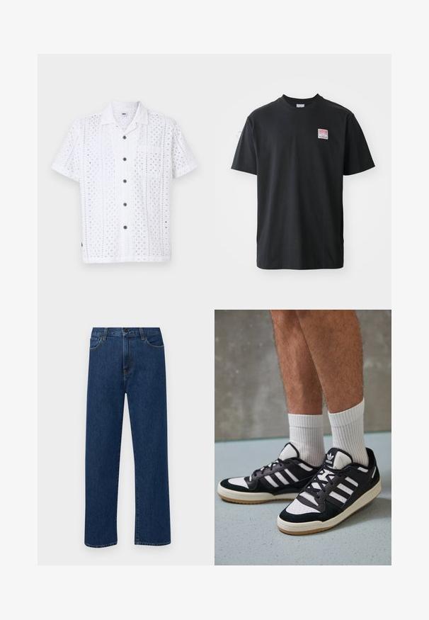 Bílá košile s krátkým rukávem, která má výřezové květinové vzory, zapínání na knoflíky vpředu, náprsní kapsu a hnědé knoflíky. Vyrobena z lehkého materiálu.; Černé bavlněné tričko s kulatým výstřihem, krátkými rukávy a malou barevnou nálepkou na levé straně hrudi, která nese slovo "SUPERIOR."; Tmavě modré džíny s rovnými nohavicemi, předními kapsami a zapínáním na knoflík, vystavené na jednoduchém bílém pozadí.; Černobílé tenisky s vrchní částí z semišové a kožené kůže, včetně tří bílých pruhů, perforovaného špičky a podrážky z gumy.