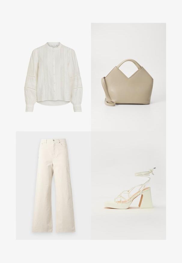 Biała bluzka z kołnierzykiem typu mandarynka, zapięciem na guziki i plisowanymi detalami. Luźne długie rękawy z misternymi akcentami koronkowymi. Lekka tkanina.; Beżowe spodnie o szerokich nogawkach wykonane z bawełny, z zapięciem na guzik z przodu, bocznymi kieszeniami i gładką fakturą. Minimalistyczny design bez wzorów.; Biała sandał na wysokim obcasie z masywnym słupkiem, z paskowym wzorem i wiązaniem przy kostce. Gładka faktura z platformą z przodu dla dodatkowej wysokości.; Beżowa torebka o wyraźnej strukturze z wklęsłym górnym brzegiem, wykonana z gładkiej skóry, z krótkimi uchwytami oraz długim regulowanym paskiem. Minimalistyczny design.
