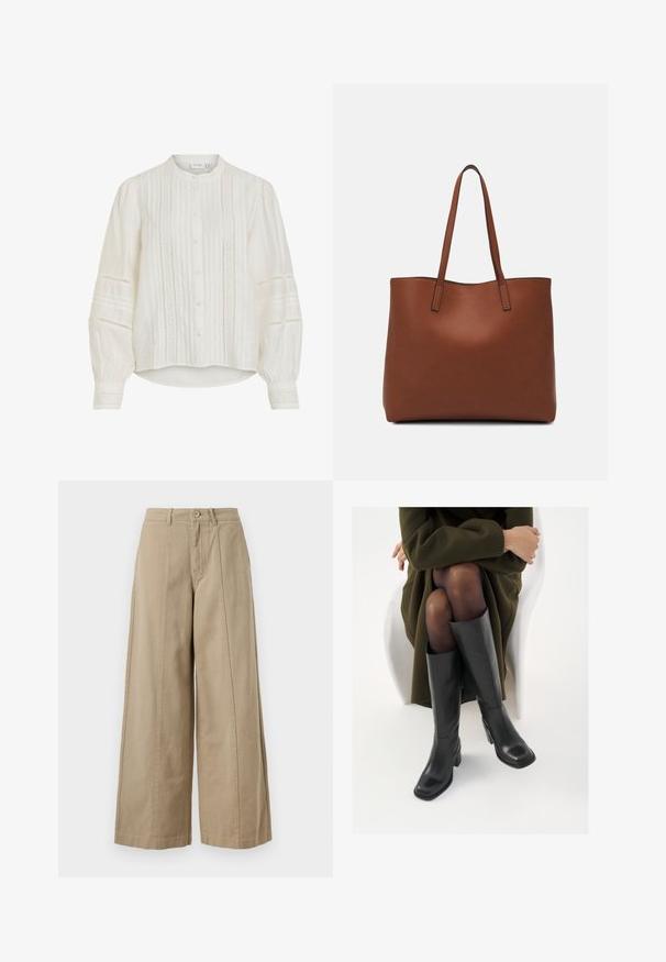 Balta blūze ar mandarin apkakli, pogu aizdari un pludinātām detaļām. Vieglas garas piedurknes ar sarežģītas mežģīnes akcentiem. Viegls audums.; Beige platās kājas bikses, izgatavotas no izturīgas kokvilnas, ar pogu aizdari, jostu cilpām un tīru priekšējo krokām bez redzamām kabatām.; Ceļgalu augstuma melni ādas zābaki ar kvadrātu purngalu un bloku papēdi, attēloti modelī, kurš sēž olīvu zaļā mētelī. Gluda tekstūra, minimāla apdare.; Brūna ādas iepirkumu soma ar gludu tekstūru, atvērta augšdaļa un divas plecu siksnas. Izceļas ar minimālām šuvēm un redzamu aparatūru nav.