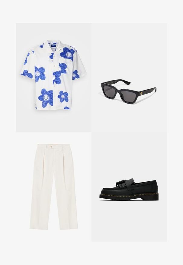 HUGO ELIGINO - Pluus - white; Valged laiad püksid, millel on ees voldid, üks nööp kinnitamiseks ja küljetaskud. Sile tekstuur ja talje disain.; Mustad musta nahast suss, millel on tuttide detailid, kollane lõng üle põhja ning paks ja sooneline kummist välispõhi.; Mustad musta värvi ristkülikukujulised prillid, millel on läikiv viimistlus, tumedad läätsed ja kuldsed aksessuaarid templil, millel on logo.