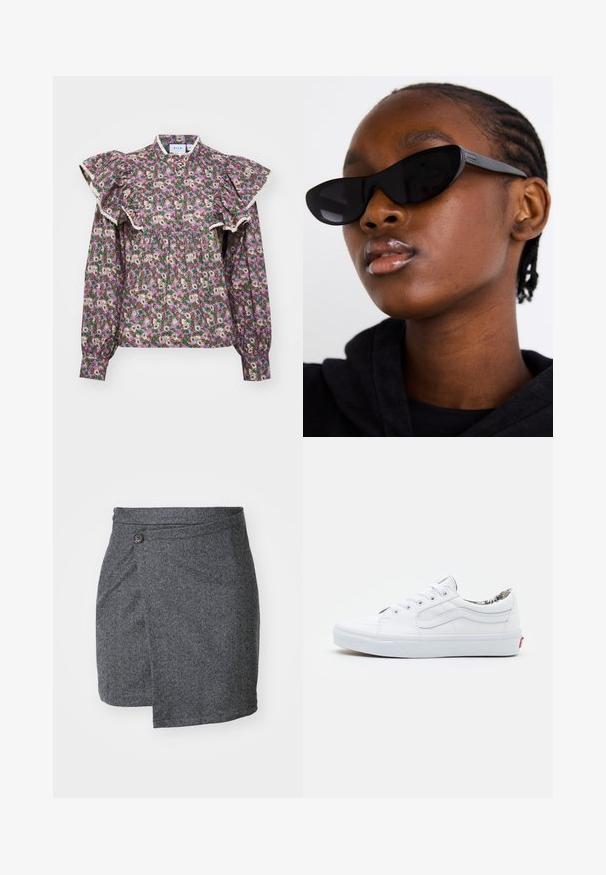 Floral blouse with puffed sleeves, high neckline, featuring a green background and small cream, pink, and purple flowers; lace trim accents.; Grey herringbone wrap skirt made from textured wool fabric, featuring a single button closure at the waist and an asymmetrical hemline.; White canvas sneakers with a low-top design, round toe, lace-up closure, padded collar, and patterned interior lining. Red logo tab on heel.; Black cat-eye sunglasses with a matte finish, featuring a sleek design and gently curved edges, set against a model's dark clothing.; Silver hoop earrings with a smooth, polished finish. Round shape and secure click-top closure. Lightweight design suitable for everyday wear.