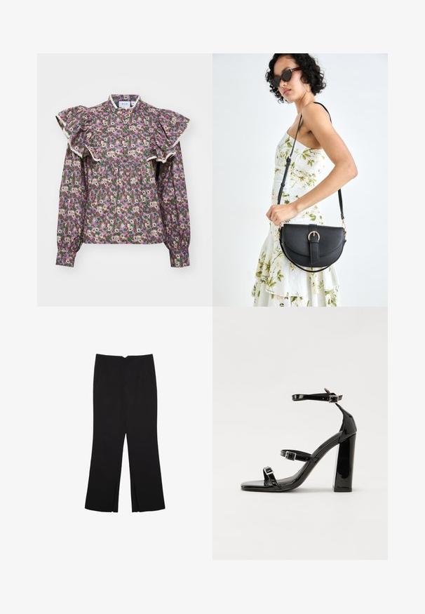 Kvetinová blúzka s nadúvanými rukávmi a vysokým výstrihom, s zeleným pozadím a malými krémovými, ružovými a fialovými kvetmi; jemný krajkový lem.; Čierne nohavice so strihom rovného strihu, s prednými vreckami a bočnými rozparkami na leme. Vyrobené z mäkkej, hladkej tkaniny. Vhodné na rôzne príležitosti.; Čierne lakované sandále na podpätku so štvorcovou špičkou, navlečenými remienkami okolo členku a striebornými prackami. Disponujú masívnym blokovým podpätkom pre stabilitu.; Čierna kožená kabelka s zaobleným tvarom, odnímateľným popruhom a zlatými doplnkami. Kabelka má klopu s detailom s prackou.
