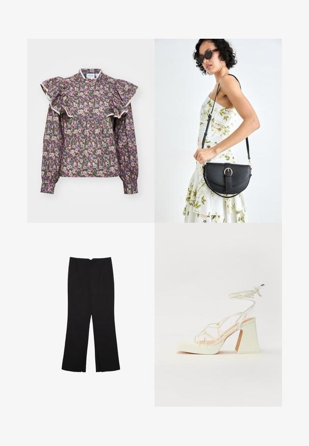 Kwiatowa bluzka z bufiastymi rękawami, wysokim dekoltem, o zielonym tle z małymi kremowymi, różowymi i fioletowymi kwiatami; akcenty koronkowe.; Czarne spodnie o prostym kroju, z przednimi kieszeniami i bocznymi rozcięciami na dole. Wykonane z miękkiego, gładkiego materiału. Odpowiednie na różne okazje.; Biała sandał na wysokim obcasie z masywnym słupkiem, z paskowym wzorem i wiązaniem przy kostce. Gładka faktura z platformą z przodu dla dodatkowej wysokości.; Czarna skórzana torebka o zakrzywionym kształcie, z odpinanym paskiem i złotymi akcentami. Torebka posiada klapę z zapięciem w kształcie klamry.