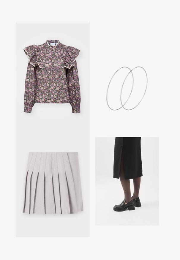 Floral blouse with puffed sleeves, high neckline, featuring a green background and small cream, pink, and purple flowers; lace trim accents.; Gray pleated skirt with a smooth texture, featuring multiple vertical folds and a fitted waistline. Made from lightweight fabric.; Black leather shoes with a rounded toe, thick block heel, and elastic side accents, paired with dark tights and a black skirt with a slit.; Silver hoop earrings with a minimalist design. Circular shape, smooth texture, and thin profile. Lightweight with a polished finish.