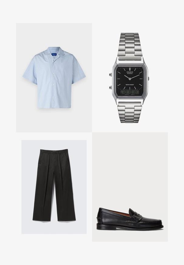 Jack & Jones JORBOXY SHIRT - Camicia - skyway; Pantaloni a gamba larga neri con una texture liscia, dotati di due tasche frontali e una vita leggermente rialzata.; Mocassino in pelle nera con punta arrotondata, dettagli cuciti e una fascia decorativa sul davanti. Suola piatta con profilo minimal.; Orologio in acciaio inox argento con quadrante rettangolare nero, dotato di lancette analogiche, display digitale e etichetta di resistenza all'acqua.