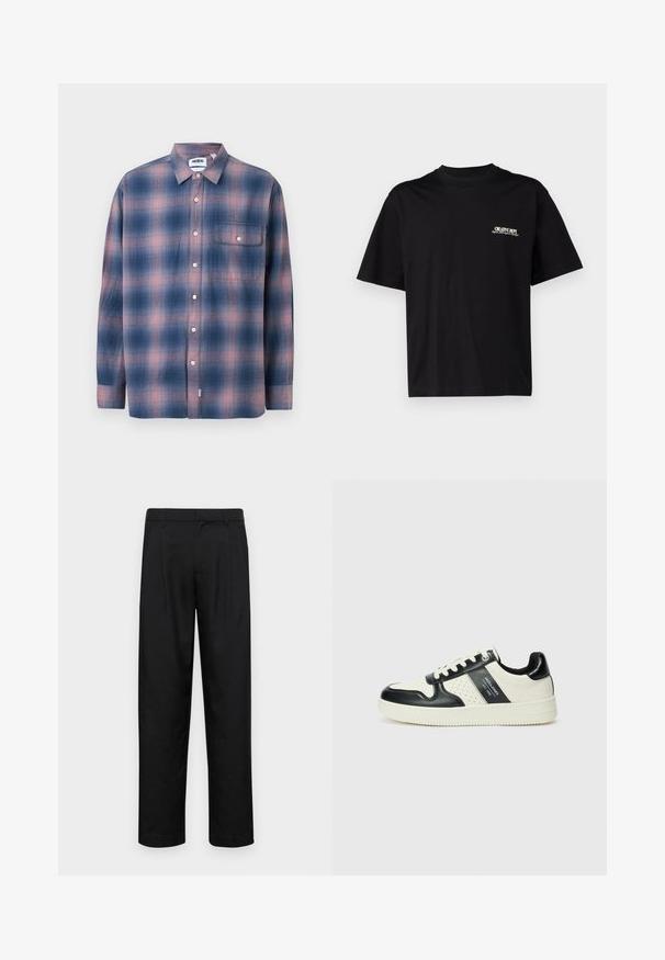 Zila un rozā svītrainā krekls ar garām piedurknēm, izgatavots no mīksta auduma. Tam ir pogājams apkakle, priekšējā kabata un baltas pogas.; Melna kokvilnas T-kreklu ar īsām piedurknēm, apaļu kakla izgriezumu un baltu un zeltītu tekstu drukāšanu kreisajā krūtīs, ar brīvu piegriezumu.; Melnas bikses, izgatavotas no gludas auduma, ar taisnu kāju dizainu, divām priekšējām krokām un standarta jostu, kurai ir āķi.; Ādas sporta apavi ar melnbaltu krāsu shēmu, ar perforētiem akcentiem, mīkstinātu apkakli un teksturētu zoli.