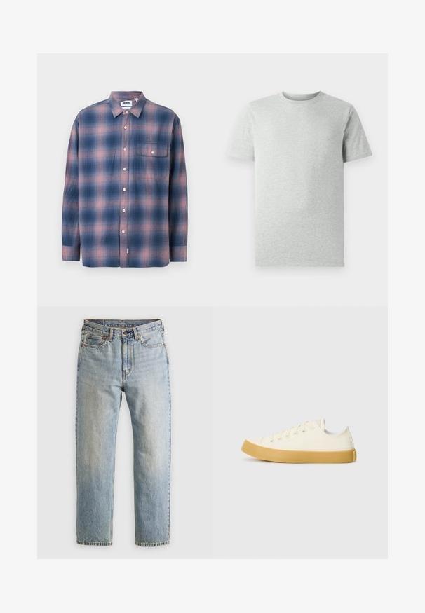 Sinise ja roosa ruuduline pikkade varrukatega särk, mis on valmistatud pehmest kangast. Omab nööpidega krae, eest taskut ja valgeid nööpe.; Ühtlane heledahall lühikeste varrukatega ümmarguse kaelusega T-särk, esiplaanil, valge tausta ees, ilma nähtavate logode või kujunditeta.; Heledad hele sinine teksapükste kõrge vöökoht, ees nupuga, lukuga ja viie taskuga disain, asetatud tasasele neutraalsele taustale.; Kangasneakerid kreemjas valges, ümmarguse varbaga, beeži kummitaldaga ja viie silmaga paelte jaoks, tekstuurse viimistlusega ülaserv.