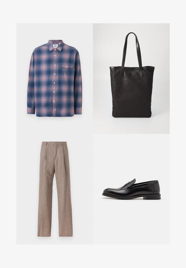 Zila un rozā svītrainā krekls ar garām piedurknēm, izgatavots no mīksta auduma. Tam ir pogājams apkakle, priekšējā kabata un baltas pogas.; Brūni, augstos šortos izgatavoti no teksturēta auduma. Iezīmē plašas kājas un divas priekšējās krokas, kas nodrošina struktūru. Kārtīga apdare bez redzamām detaļām.; Melnas ādas kurpes ar gludu tekstūru, noapaļu purngalu un dekoratīvu siksniņu pāri priekšpusei. Zems sakrauts papēdis, minimālisma dizains.; Melnas auduma iepirkumu soma ar melnām ādas rokturiem. Vienkāršs dizains, plaša forma un gluda tekstūra. Nav redzamu logo vai rakstu.