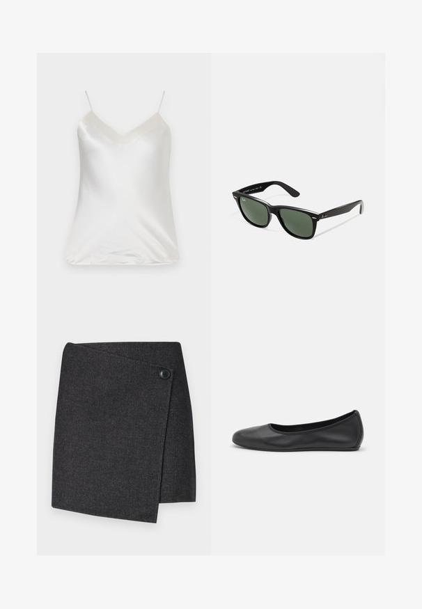 Paul & Joe VBOTANIC - Blouse - ecru; Jupe enveloppante gris foncé en tissu texturé, avec une fermeture à bouton sur le côté gauche et un ourlet asymétrique.; Ballerines en cuir noir avec un bout rond, texture lisse, détails de couture minimalistes et design de semelle flexible.; Lunettes de soleil en plastique noir avec verres verts, monture carrée, accent argenté sur le sourcil et branches texturées. Marque indiquée sur l'intérieur de la branche.