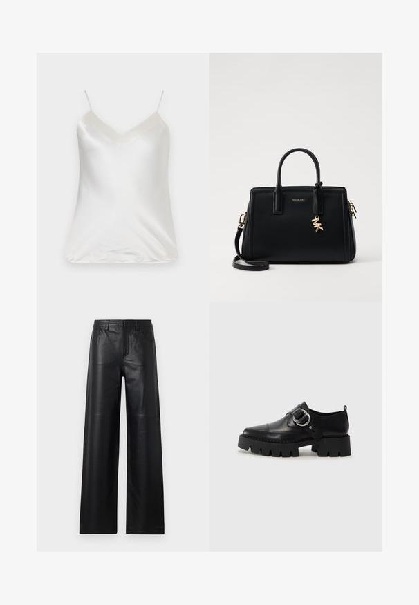 Paul & Joe VBOTANIC - Blouse - ecru; Wide-leg black leather pants with a smooth texture, featuring front pockets, a button closure, and subtle stitching details.; Black leather shoes with a chunky, ribbed sole, featuring a circular silver hardware accent and minimal stitching detail.; Black leather handbag with structured design, dual top handles, detachable shoulder strap, gold hardware, and a logo charm accent.