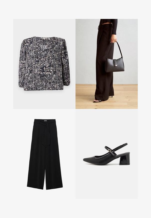 Sötétkék blúz, melynek krém és bézs színű, texturált, pöttyös mintázata van, V-nyakkal és hosszú puffos ujjal rendelkezik. Könnyű anyagból készült.; Fekete, bő szárú nadrág, texturált anyagból, rugalmas derékpánttal és levehető sállal a derekán, amely állítható illeszkedést biztosít.; Fekete lakk bőr, pántos magassarkú cipő, hegyes orral, lekerekített kivágással és tömbsarkal. Arany színű csat díszíti.; Fekete kézi táska strukturált formával, sima textúrával és fémből készült záródással. Széles fekete nadrággal és nyitott orrú szandállal párosítva, fából készült padlón.