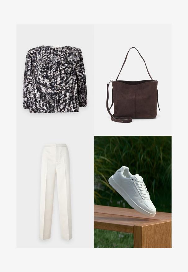 Navy blouse with a textured, dotted pattern in cream and beige, featuring a V-neck and long puffed sleeves. Made of lightweight fabric.; Cream-colored trousers with a tailored fit, featuring a straight leg, smooth fabric, front pleats, and clean hem. Minimalist design.; White sneaker with a smooth synthetic upper, perforated toe box, flat laces, and a textured sole, displayed on a wooden surface.; Brown suede tote bag with a soft texture, featuring a single shoulder strap and a subtle curved top opening. No visible hardware details.