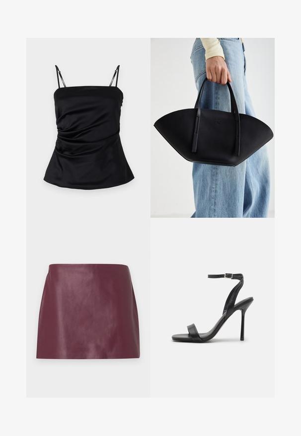 Fekete selymes trikó állítható pántokkal, drapált kialakítással és bővülő aljjal. Simább textúra, látható minták nélkül.; Sima burgundi bőrből készült miniszoknya egyenes szabással, látható díszítések vagy záródások nélkül.; Fekete, magas sarkú szandál, vékony bokapánttal és két elülső pánttal. Simább bőrből készült, elegáns hegyes orral és stiletto sarkal.; Fekete bőr kézitáska egyedi legyezőformával, lapos füllel. A felülete kőriszerű textúrájú és minimalista dizájnnal rendelkezik.