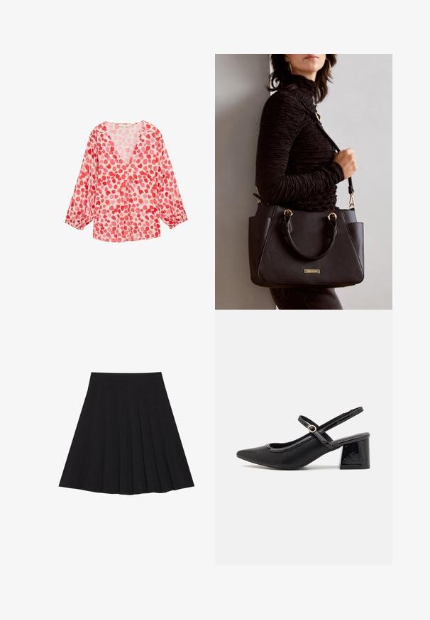 Blusa leggera a maniche lunghe con scollatura a V, realizzata in tessuto rosa e con un motivo di cuori rossi e rosa chiaro sparsi su tutta la superficie.; Gonna nera plissettata realizzata in tessuto strutturato con una vita aderente. Cade all'altezza del ginocchio, presentando una silhouette liscia e pulita.; Décolleté in vernice nera con cinturino dietro, punta affusolata, design con ritagli arrotondati e tacco a blocco. Presenta un accento di fibbia tono oro.; Borsa nera con superficie texturizzata, manici superiori doppi e tracolla regolabile. Dotata di hardware color oro e tasche laterali.