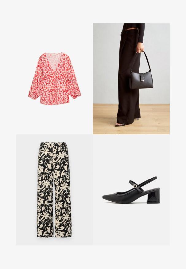 Könnyű, hosszú ujjú blúz V-kivágással, rózsaszín anyagból, piros és világos rózsaszín szívformákkal az egész felületen.; Fekete, bő szárú nadrág krém színű virágmintával. Könnyű anyagból készült, sima tapintású és magas derékrésszel rendelkezik.; Fekete lakk bőr, pántos magassarkú cipő, hegyes orral, lekerekített kivágással és tömbsarkal. Arany színű csat díszíti.; Fekete kézi táska strukturált formával, sima textúrával és fémből készült záródással. Széles fekete nadrággal és nyitott orrú szandállal párosítva, fából készült padlón.