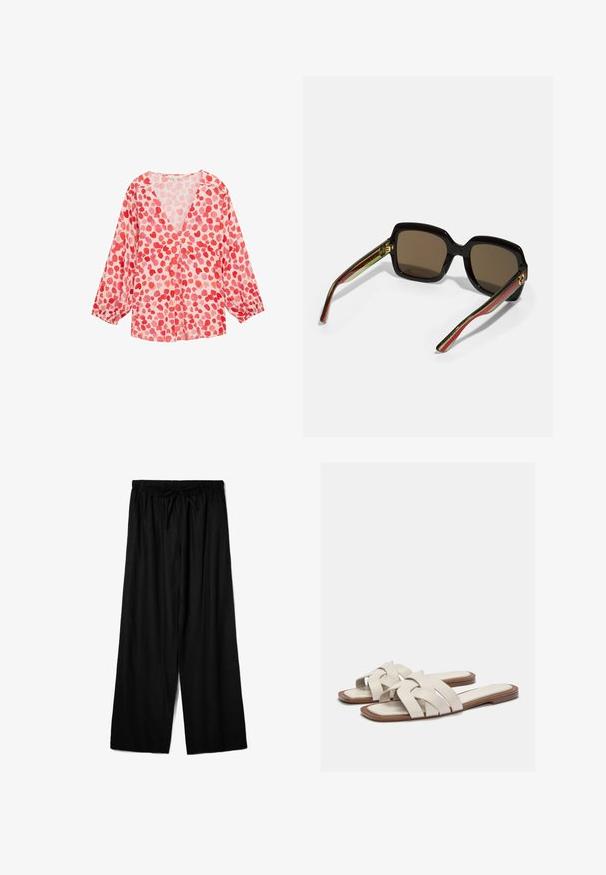 Blusa leggera a maniche lunghe con scollatura a V, realizzata in tessuto rosa e con un motivo di cuori rossi e rosa chiaro sparsi su tutta la superficie.; Pantaloni neri a gamba larga realizzati in tessuto leggero, con una vita elastica e un cordino per una vestibilità regolabile. Texture liscia.; Infradito beige chiaro con cinturini intrecciati, dotati di suola piatta e design minimalista. Texture liscia con accenti di colore a contrasto delicati.; Occhiali da sole neri oversize con lenti marroni. Presentano bracci unici a strisce verdi e rosse, con dettagli in metallo dorato. Forma quadrata.; Borsa a rete metallica dorata con forma strutturata, tracolla a catena e chiusura a scatto. Presenta una superficie liscia e riflettente e bordi arrotondati.