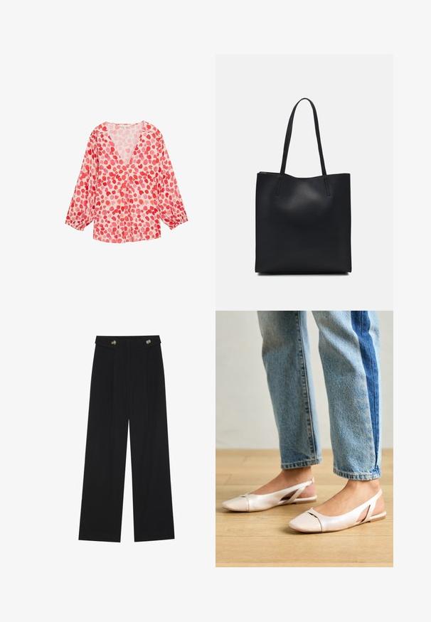 Blusa ligera de manga larga con escote en V, confeccionada en tela rosa y con un patrón de formas de corazones rojos y rosa pálido en toda la prenda.; Pantalones de pierna ancha negros con cintura alta, detalles de botones en la cinturilla y pliegues en la parte delantera.; Bailarinas de color rosa pálido con tiras traseras y punta puntiaguda, fabricadas con un material similar al cuero suave. Presentan detalles recortados en los laterales y un tacón plano.; Bolso tote de cuero negro con textura lisa, forma rectangular y dos asas largas. Sin herrajes ni adornos visibles.