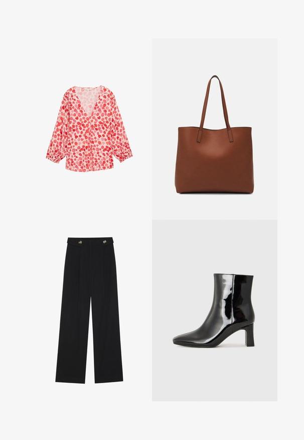 Bluză ușoară cu mâneci lungi și decolteu în V, dintr-un material roz, cu un model de inimioare roșii și roz deschis pe întreaga suprafață.; Pantaloni negri cu picioare largi, talie înaltă, detalii cu butoane pe talie și pliseuri în față.; Botine negre din piele lacuită, cu vârful ascuțit și toc bloc de înălțime medie. Textură netedă și design minimalist.; Geantă de umăr din piele maro cu o textură netedă, design cu vârf deschis și două curele pentru umăr. Prezintă cusături minime și fără componente metalice vizibile.