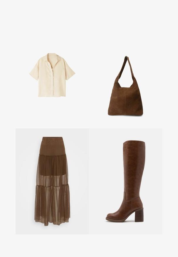 Lichtbeige korte mouwen shirt van linnen. Heeft een kraag en een knoopsluiting aan de voorkant, met een losse pasvorm en een gladde textuur.; Bruine gelaagde rok met een gestructureerde mesh-overlay en elastische tailleband. Bevat drie lagen doorschijnende stof, wat zorgt voor een vloeiende silhouet.; Bruine kniehoge laarzen van glad faux leer, met een ronde neus, blokhak met verticale groeven en een minimalistisch ontwerp.; Bruin suedine schoudertas met een zachte textuur, brede schouderband en een open bovenkant. Heeft een eenvoudig, ongestructureerd ontwerp zonder zichtbare hardware.