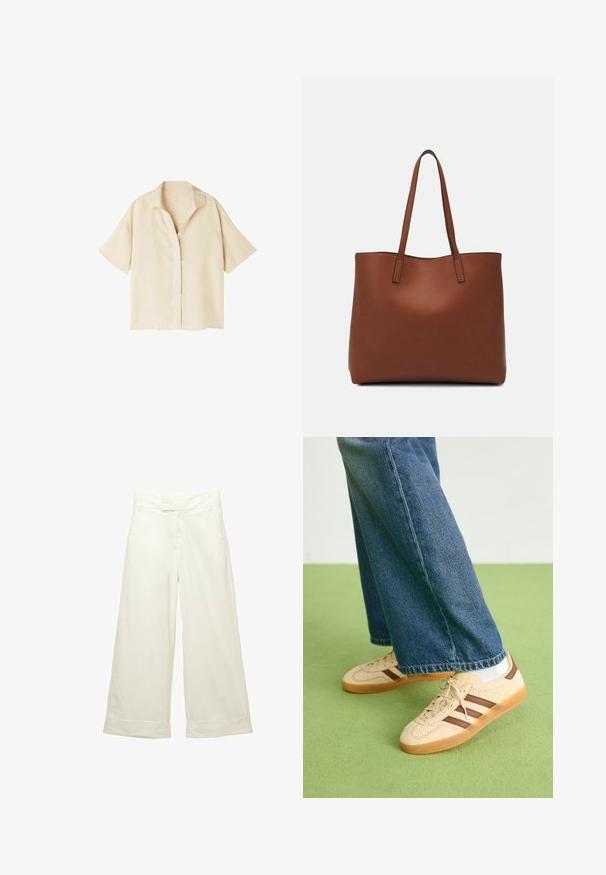 Helles beige Kurzarmhemd aus Leinen. Verfügt über einen Kragen und eine durchgängige Knopfleiste, mit einem lässigen Schnitt und einer glatten Textur.; Weit geschnittene Hose aus weichem, cremefarbenem Stoff. Mit flachem Bund und aufgeschlagenen Säumen. Glatte Textur mit einem klaren, minimalistischen Design.; Beige Sneakers mit strukturierten cremefarbenen Paneelen und braunen Streifen, kombiniert mit blauen Jeans. Die Jeans haben einen weiten Beinschnitt und einen fransigen Saum.; Braune Leder-Tote mit glatter Textur, offenem Oberteil und zwei Schulterriemen. Verfügt über minimale Nähte und keine sichtbaren Beschläge.